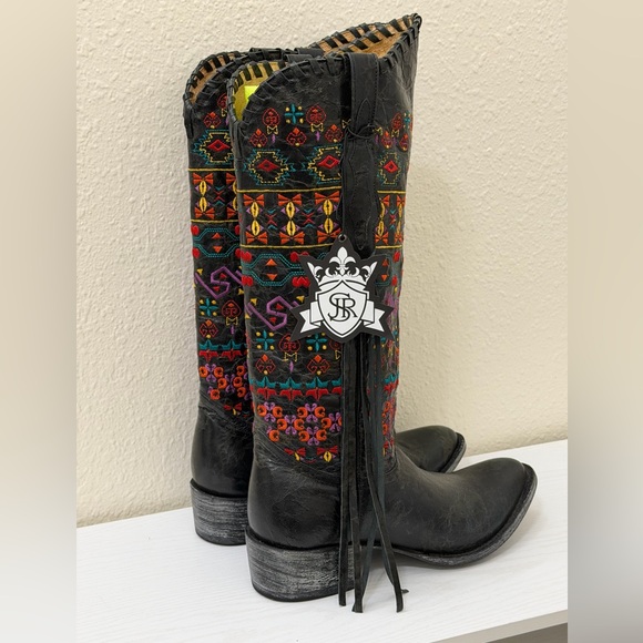 Johnny Ringo Sagrada Black Colorful Embroidered Tall Fringe Western Cowboy Boots - Picture 5 of 12